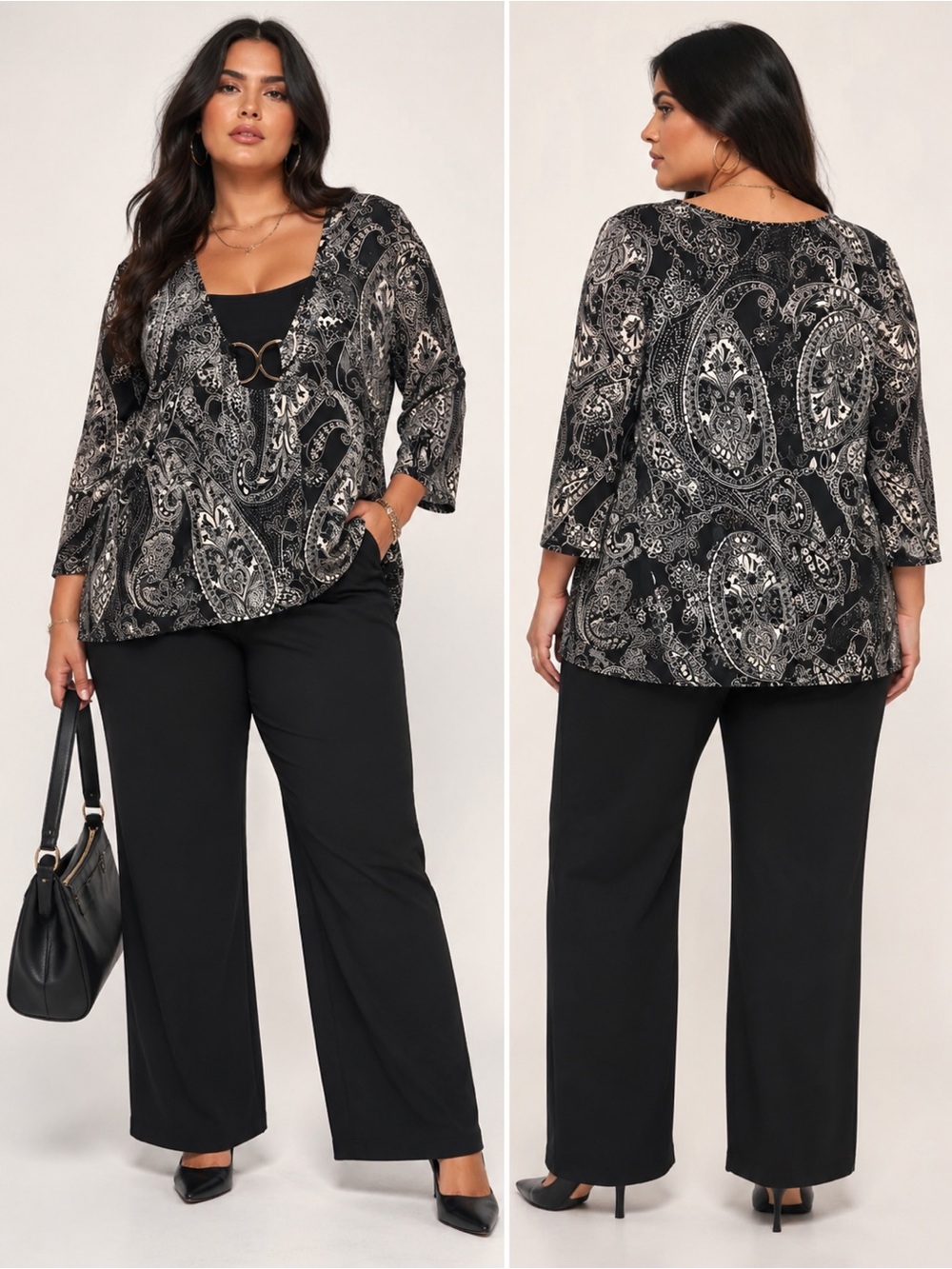 Maggie Barnes Y2K Office Black & White Paisley V-Neck Tunic w/Ring Detail 3XL